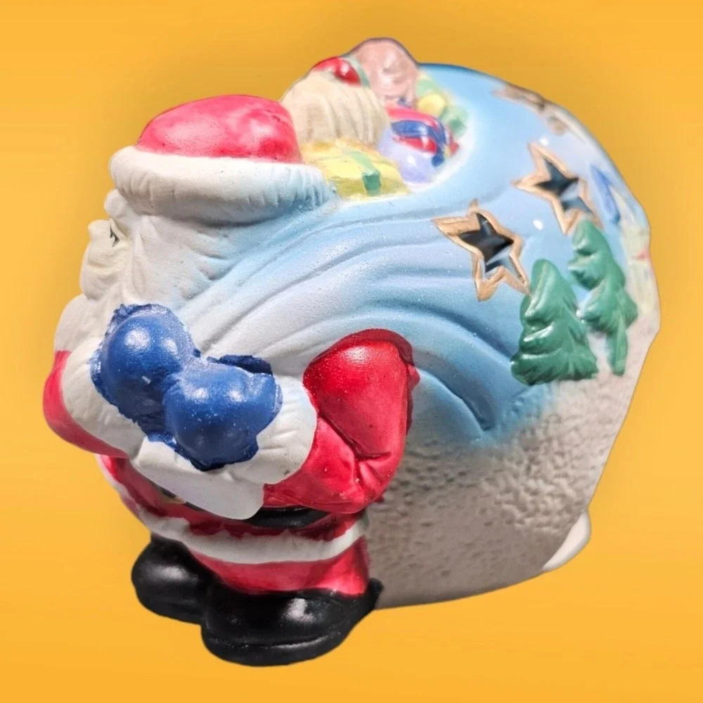 Vintage‎ Santa With Sack Bag Presents Ceramic Votive Holder Trees Stars Toys